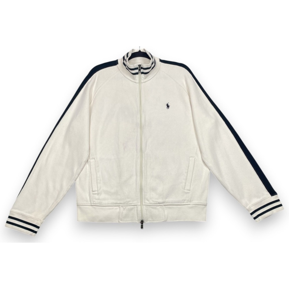 Polo Ralph Lauren Track Jacket Sweatshirt Ivory Black Large Striped Read